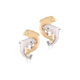 14k 15mm "Jumping Loop" Dolphin Earrings with 2 Blue Diamonds