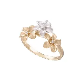 14k 8mm 2/Tone Plumeria Ring with 3 Diamonds