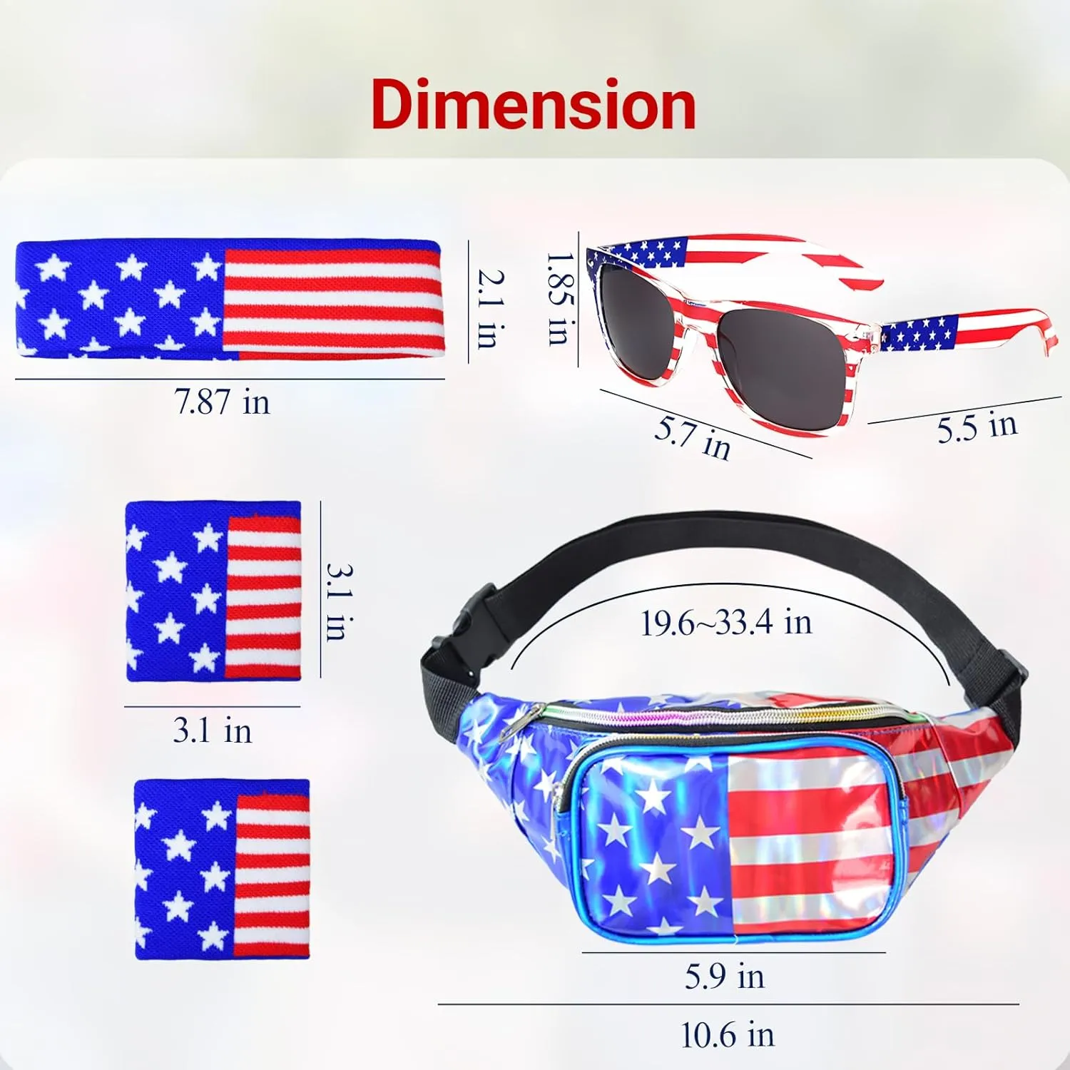 4th of July Patriotic Holographic Fanny Pack Kits, Independence Day Accessories USA Glasses & Sweatband Set for Party (USA Flag)