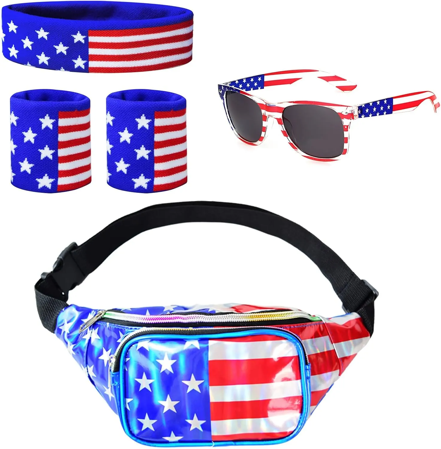 4th of July Patriotic Holographic Fanny Pack Kits, Independence Day Accessories USA Glasses & Sweatband Set for Party (USA Flag)