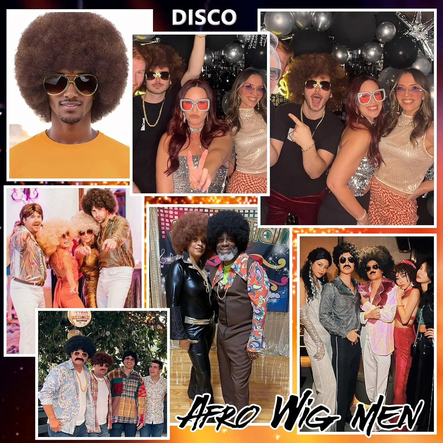 70S Men??s Afro Wig for Disco Party, 5pcs Set (Glasses  Necklace  Mustache  Wig Cap) Brown Mix Blonde Afro Curly Hippie Rocker Wigs for 70S 80S Costume Halloween Cosplay Use