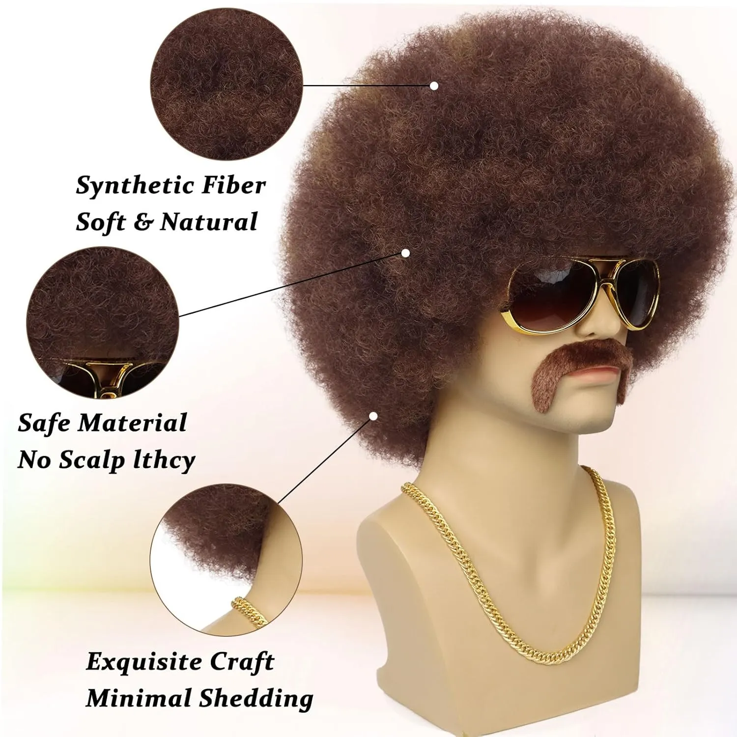 70S Men??s Afro Wig for Disco Party, 5pcs Set (Glasses  Necklace  Mustache  Wig Cap) Brown Mix Blonde Afro Curly Hippie Rocker Wigs for 70S 80S Costume Halloween Cosplay Use