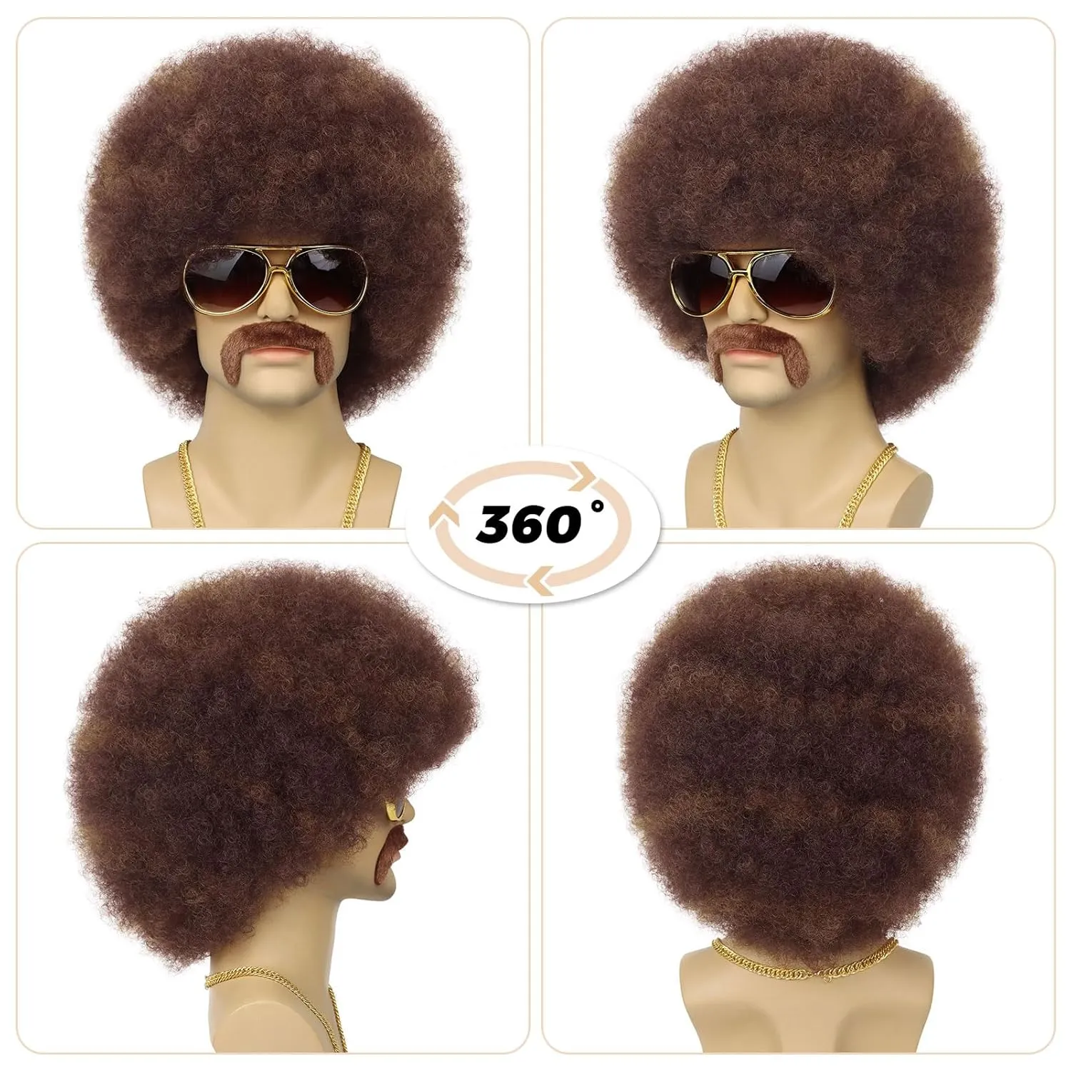 70S Men??s Afro Wig for Disco Party, 5pcs Set (Glasses  Necklace  Mustache  Wig Cap) Brown Mix Blonde Afro Curly Hippie Rocker Wigs for 70S 80S Costume Halloween Cosplay Use