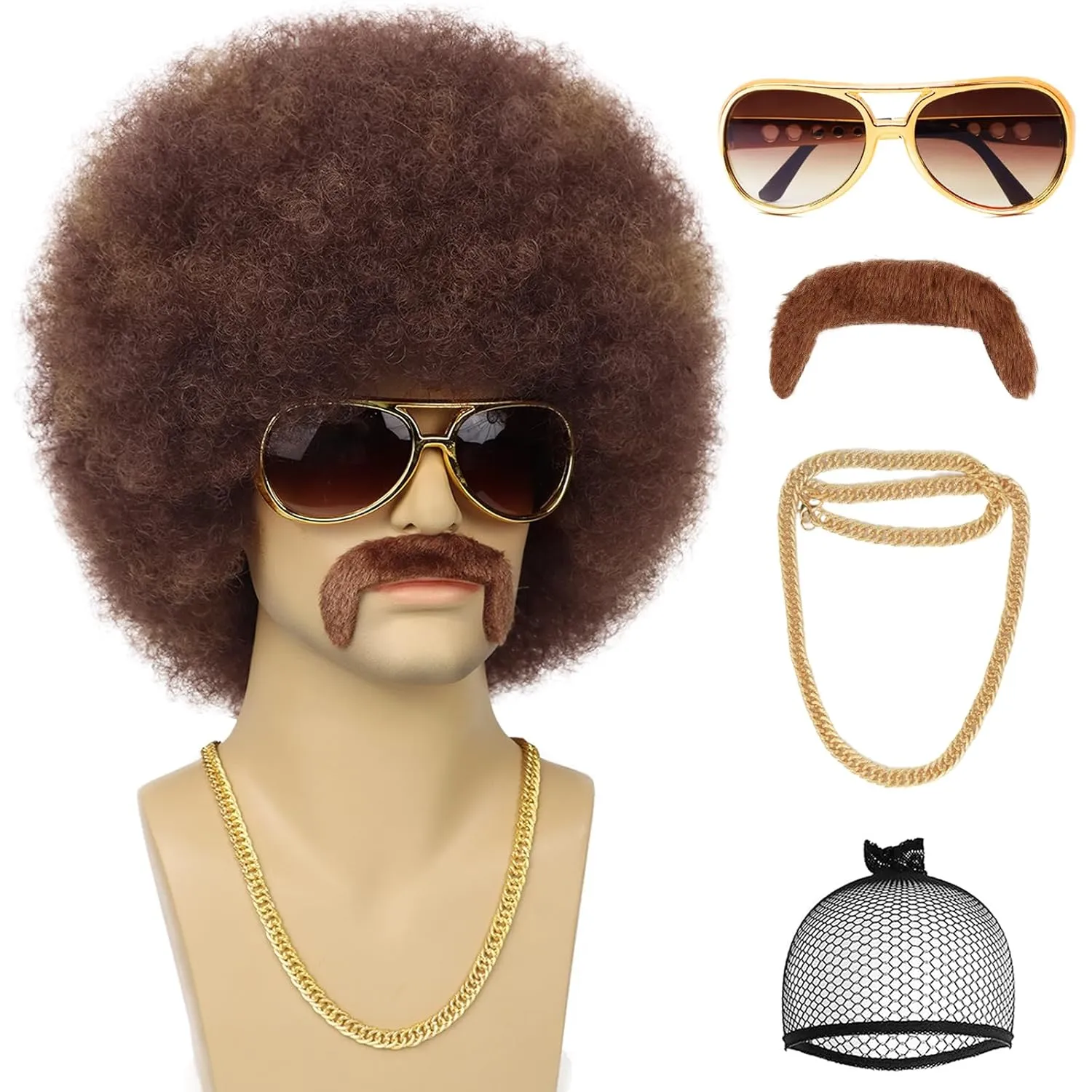 70S Men??s Afro Wig for Disco Party, 5pcs Set (Glasses  Necklace  Mustache  Wig Cap) Brown Mix Blonde Afro Curly Hippie Rocker Wigs for 70S 80S Costume Halloween Cosplay Use