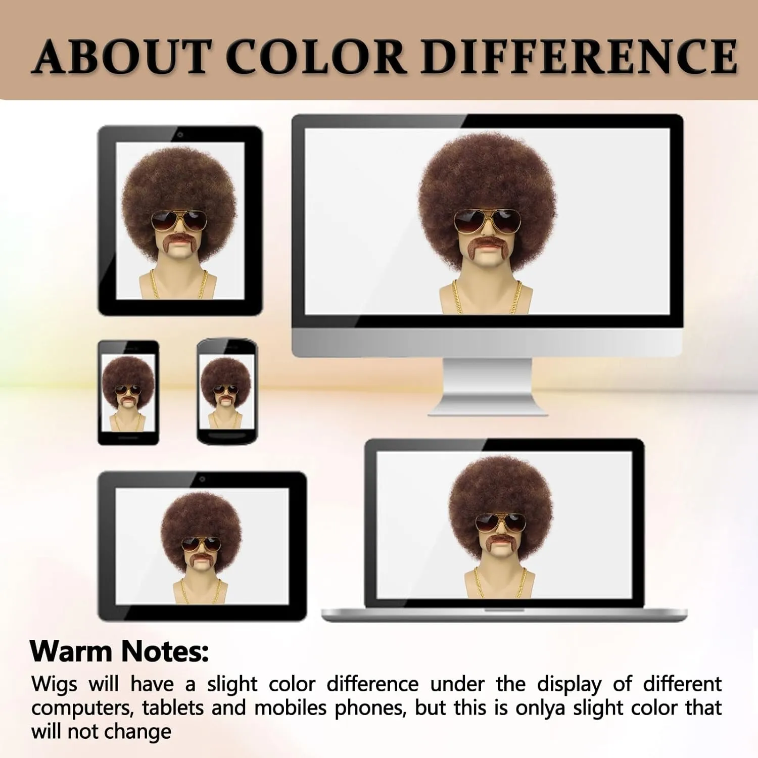 70S Men??s Afro Wig for Disco Party, 5pcs Set (Glasses  Necklace  Mustache  Wig Cap) Brown Mix Blonde Afro Curly Hippie Rocker Wigs for 70S 80S Costume Halloween Cosplay Use
