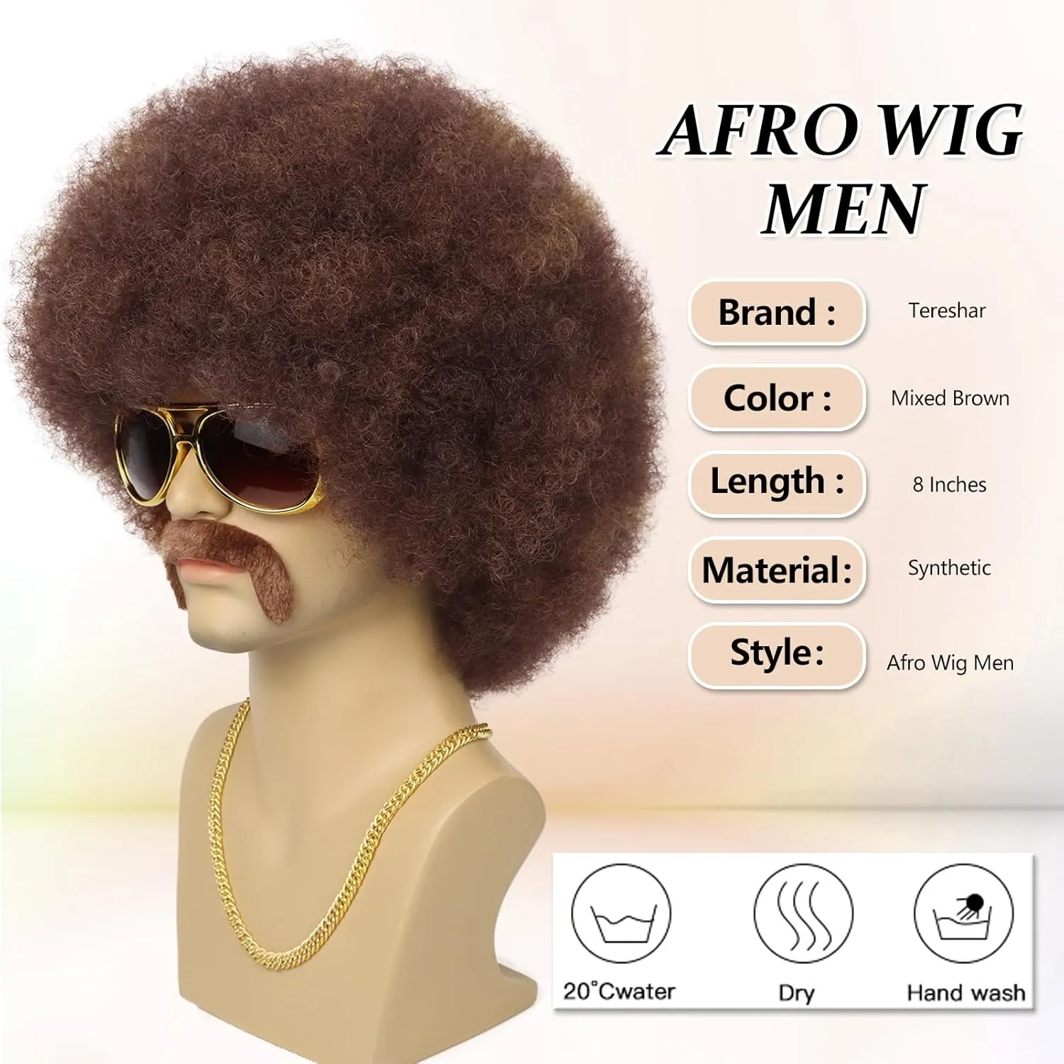 70S Men??s Afro Wig for Disco Party, 5pcs Set (Glasses  Necklace  Mustache  Wig Cap) Brown Mix Blonde Afro Curly Hippie Rocker Wigs for 70S 80S Costume Halloween Cosplay Use