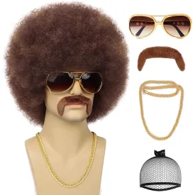 70S Men??s Afro Wig for Disco Party, 5pcs Set (Glasses  Necklace  Mustache  Wig Cap) Brown Mix Blonde Afro Curly Hippie Rocker Wigs for 70S 80S Costume Halloween Cosplay Use