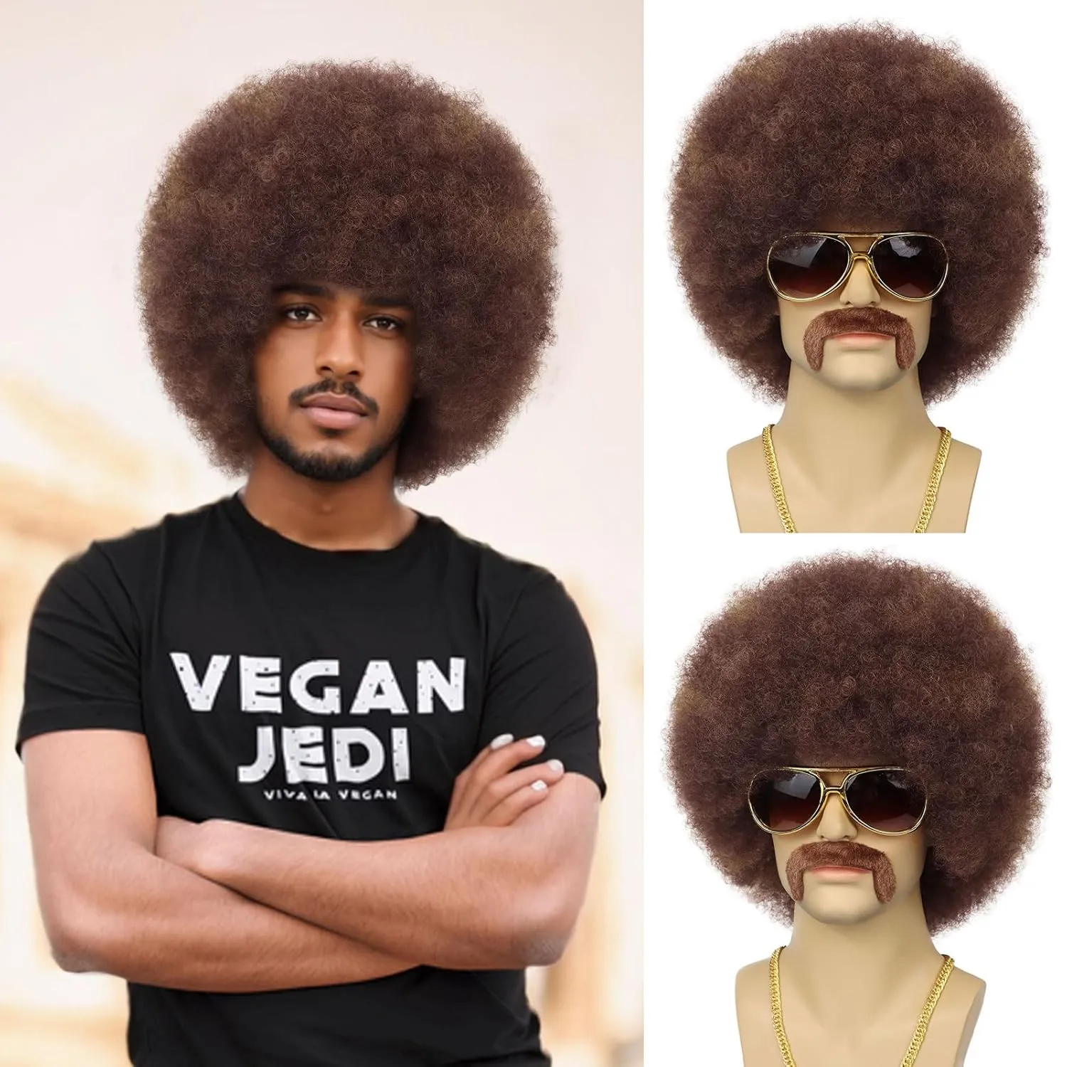 70S Men??s Afro Wig for Disco Party, 5pcs Set (Glasses  Necklace  Mustache  Wig Cap) Brown Mix Blonde Afro Curly Hippie Rocker Wigs for 70S 80S Costume Halloween Cosplay Use