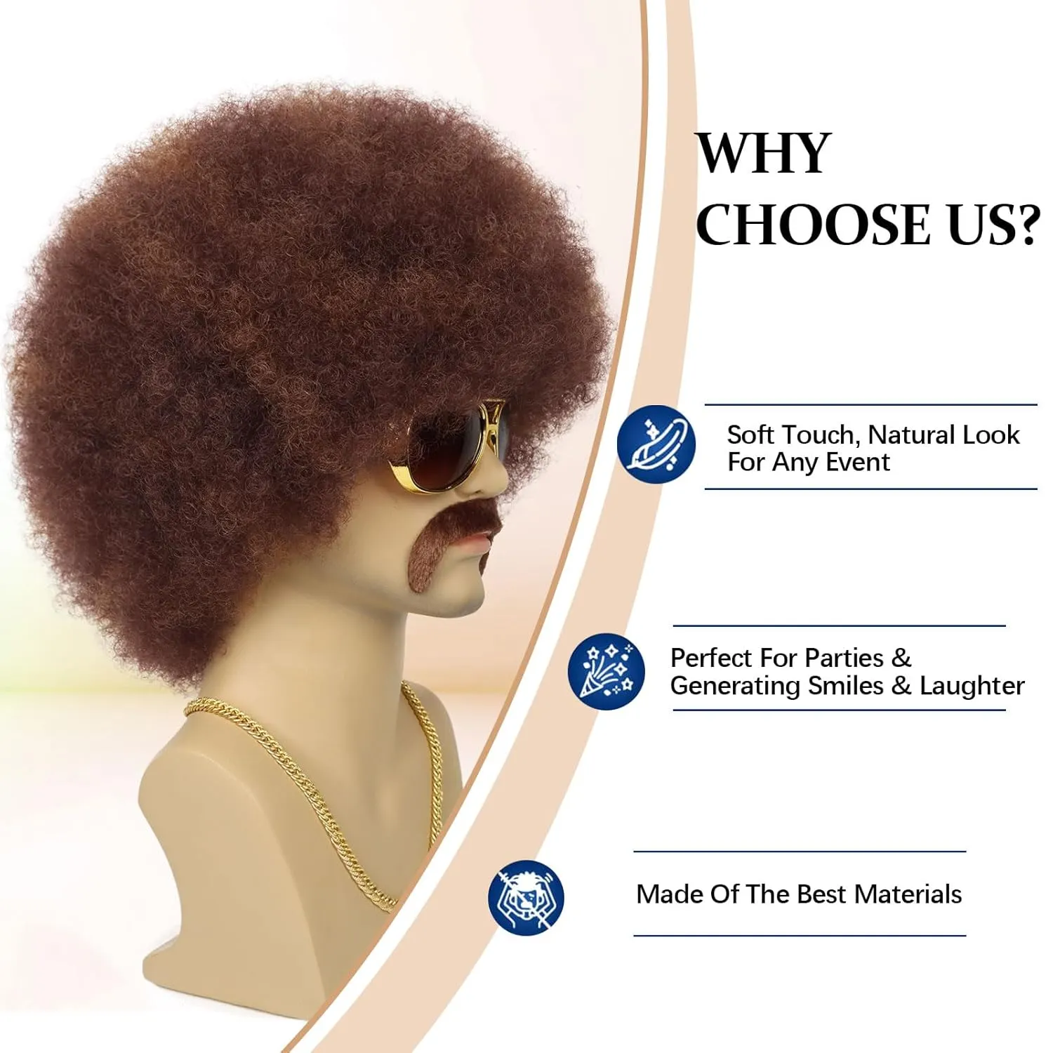 70S Men??s Afro Wig for Disco Party, 5pcs Set (Glasses  Necklace  Mustache  Wig Cap) Brown Mix Blonde Afro Curly Hippie Rocker Wigs for 70S 80S Costume Halloween Cosplay Use