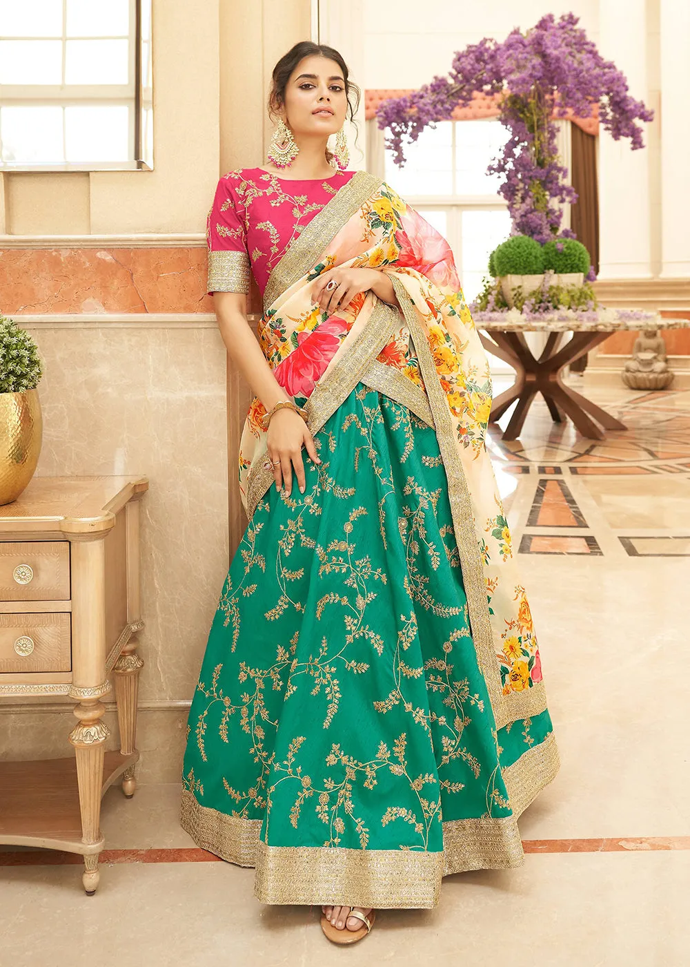 Appealing Green & Pink Art Silk Embroidery Wedding Lehenga Choli