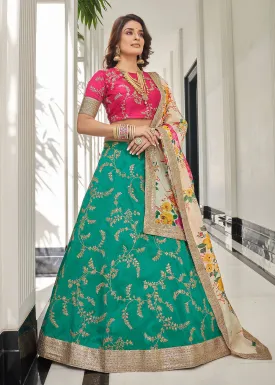 Appealing Green & Pink Art Silk Embroidery Wedding Lehenga Choli