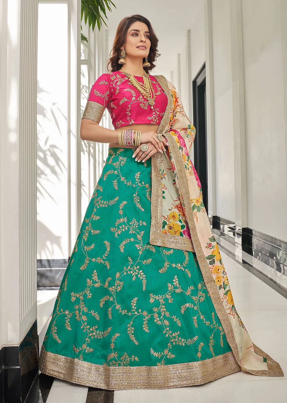 Appealing Green & Pink Art Silk Embroidery Wedding Lehenga Choli