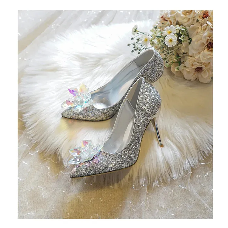 arwen & ajh group  مجموعة اروين Women Wedding Shoes New Crystal Stiletto Heels Silver Pointy Heels arwen & ajh group  مجموعة اروينFemme Sequins White Party Dress Bridal Shoes