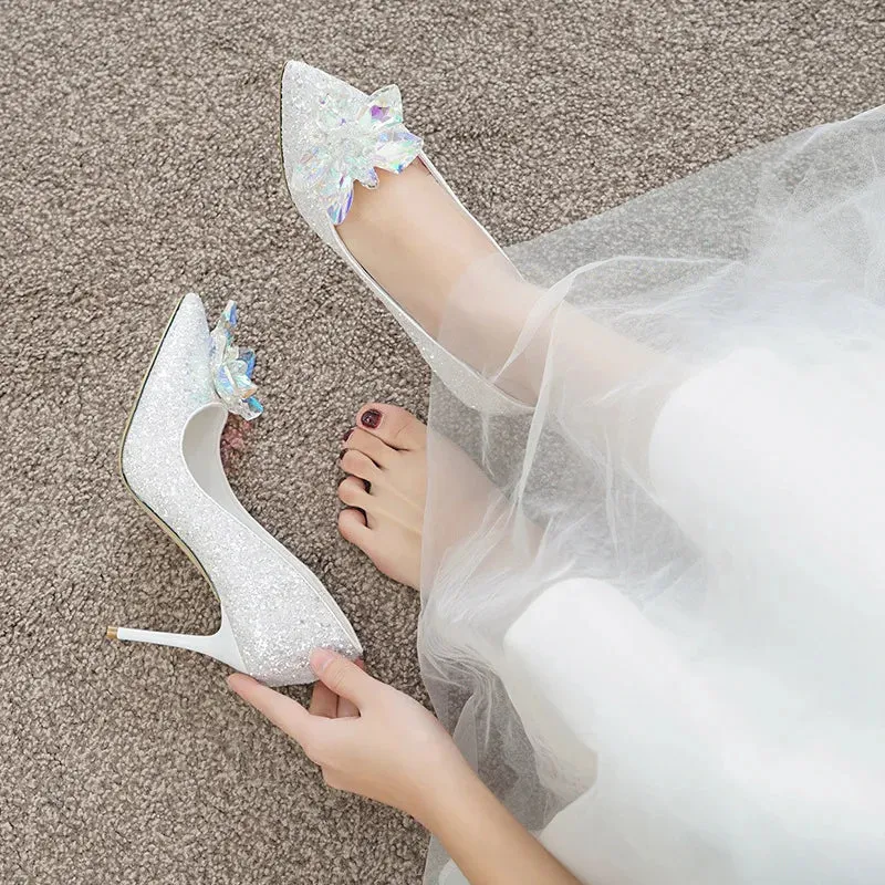 arwen & ajh group  مجموعة اروين Women Wedding Shoes New Crystal Stiletto Heels Silver Pointy Heels arwen & ajh group  مجموعة اروينFemme Sequins White Party Dress Bridal Shoes