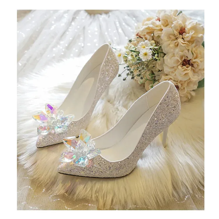 arwen & ajh group  مجموعة اروين Women Wedding Shoes New Crystal Stiletto Heels Silver Pointy Heels arwen & ajh group  مجموعة اروينFemme Sequins White Party Dress Bridal Shoes