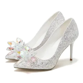 arwen & ajh group  مجموعة اروين Women Wedding Shoes New Crystal Stiletto Heels Silver Pointy Heels Chaussures Femme Sequins White Party Dress Bridal Shoes