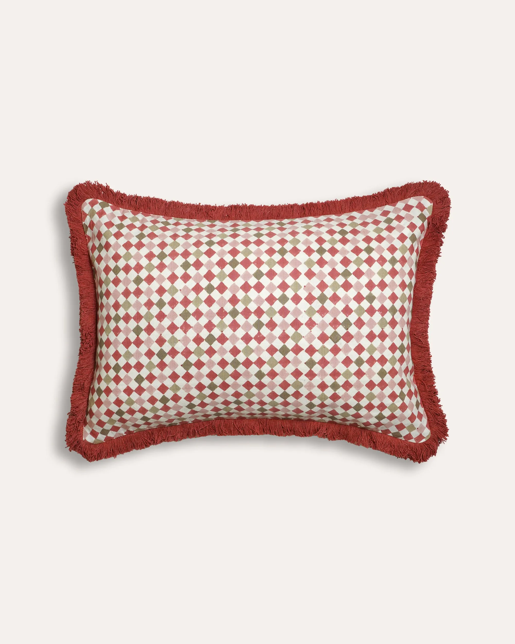 Azulejo Rectangular Block Print Cushion - Red and Taupe