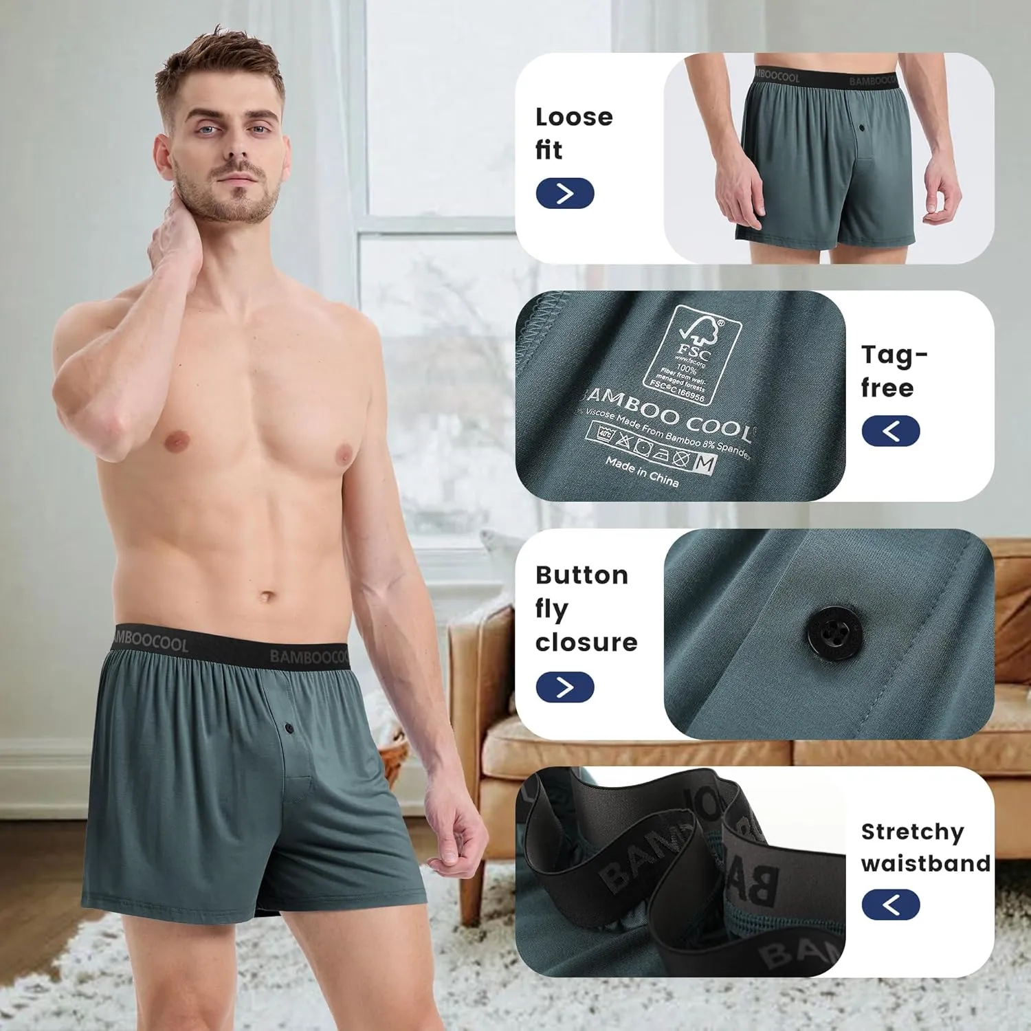 BAMBOO COOL Mens Boxer Shorts Underwear Soft Comfortable Breathable Knit Boxers Short for Men (3 or 5 Pack)