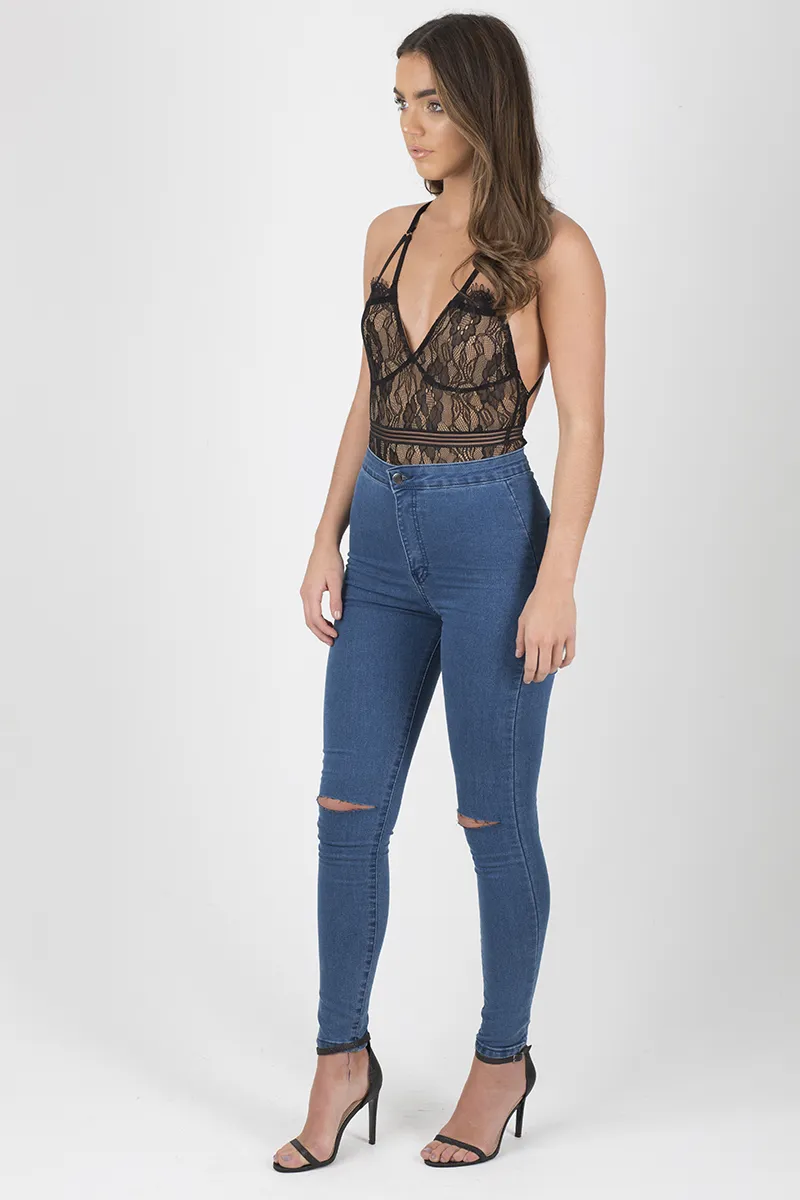 Black & Nude Lace Open Back Bodysuit - Naomie