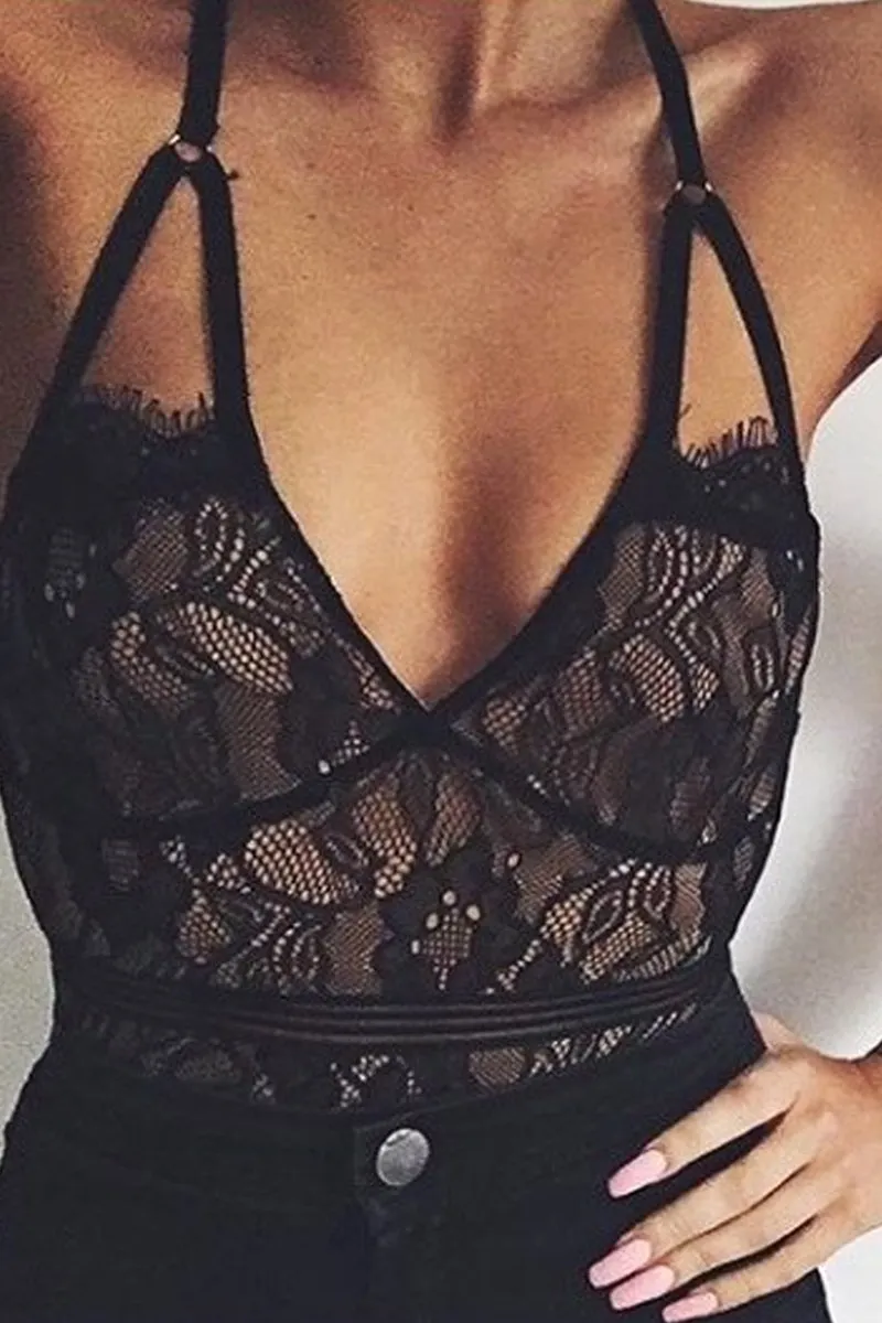 Black & Nude Lace Open Back Bodysuit - Naomie
