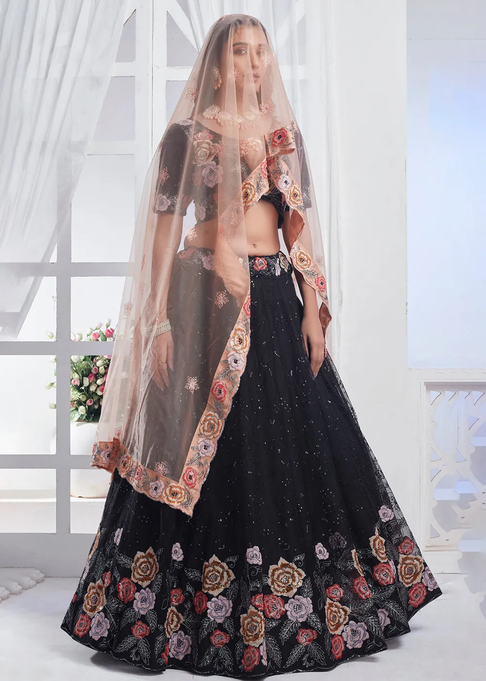 Black Designer Style Embroidered Wedding Lehenga Choli