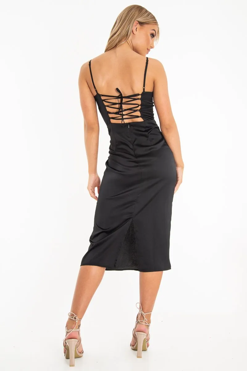 Black Satin Straight Neck Tie Up Midi Dress - Irina