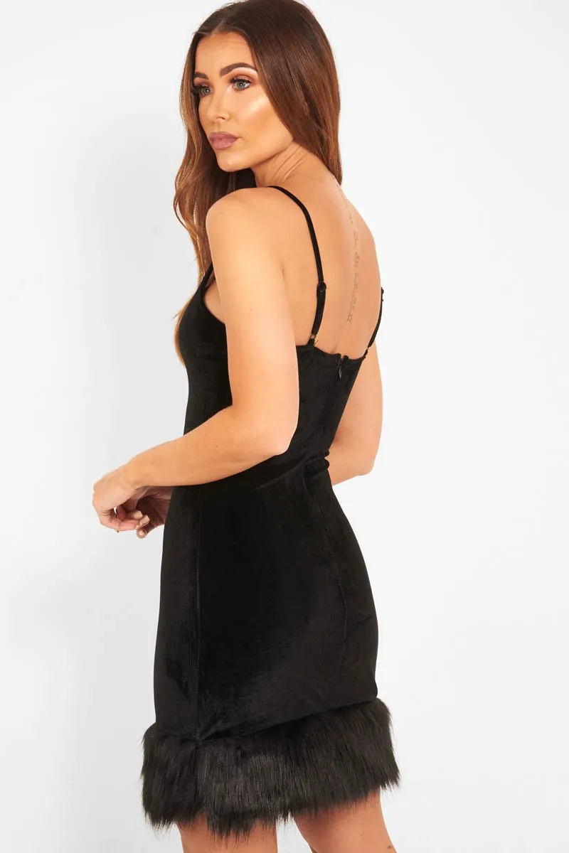 Black Velvet Plunge Feather Hem Dress - Avereigh