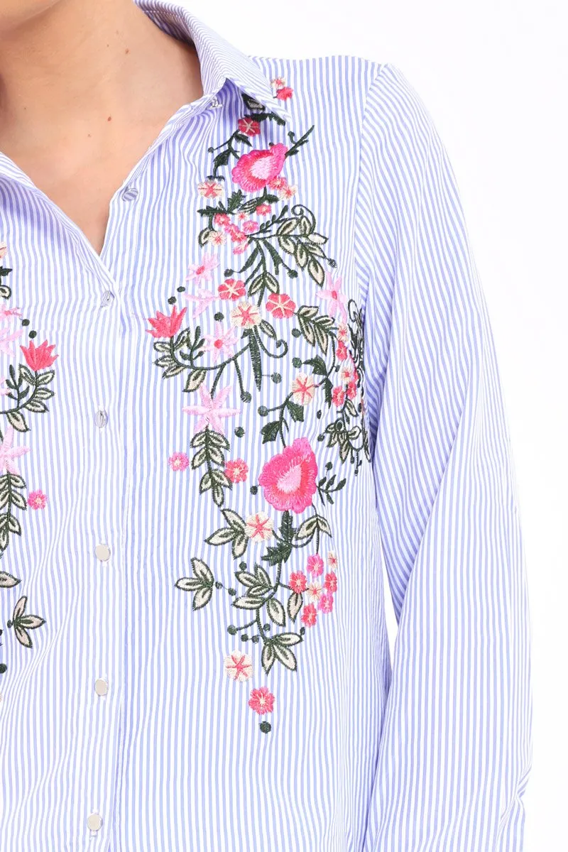 Blue Striped Floral Embroidered Shirt - Gianna