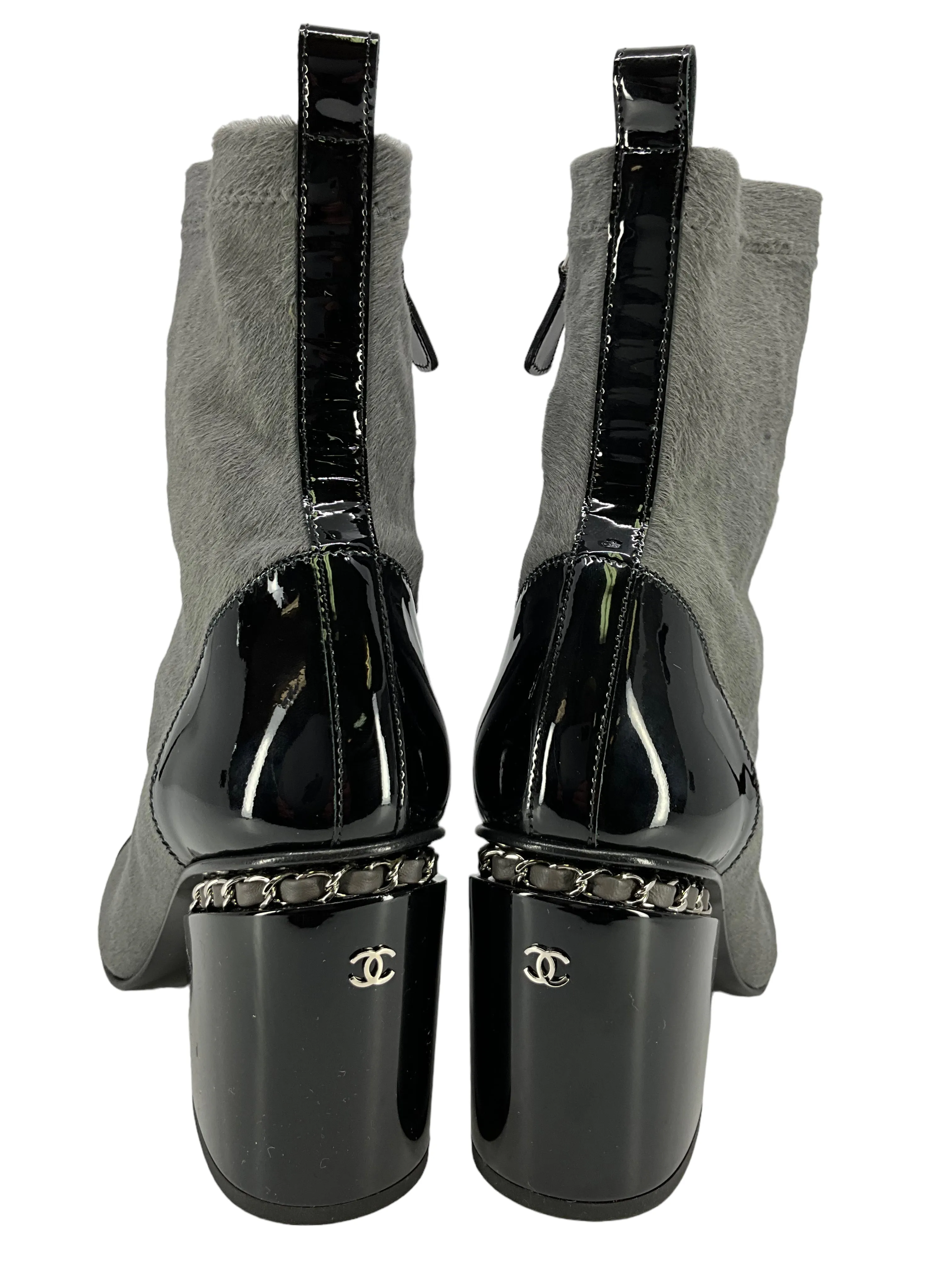 CHANEL Pony Hair Patent Cap Toe Chain Short Boots Size 7 NEW