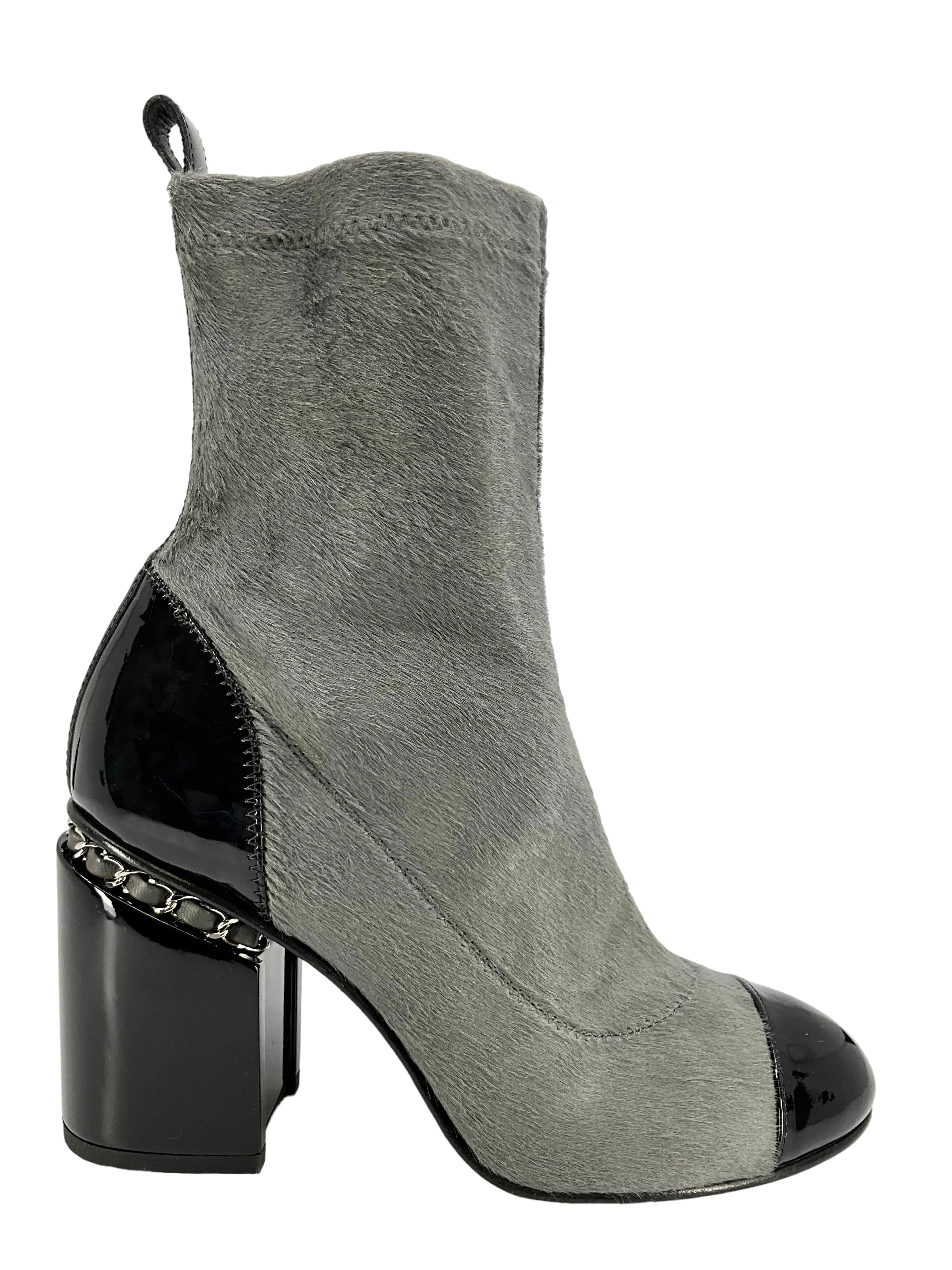 CHANEL Pony Hair Patent Cap Toe Chain Short Boots Size 7 NEW