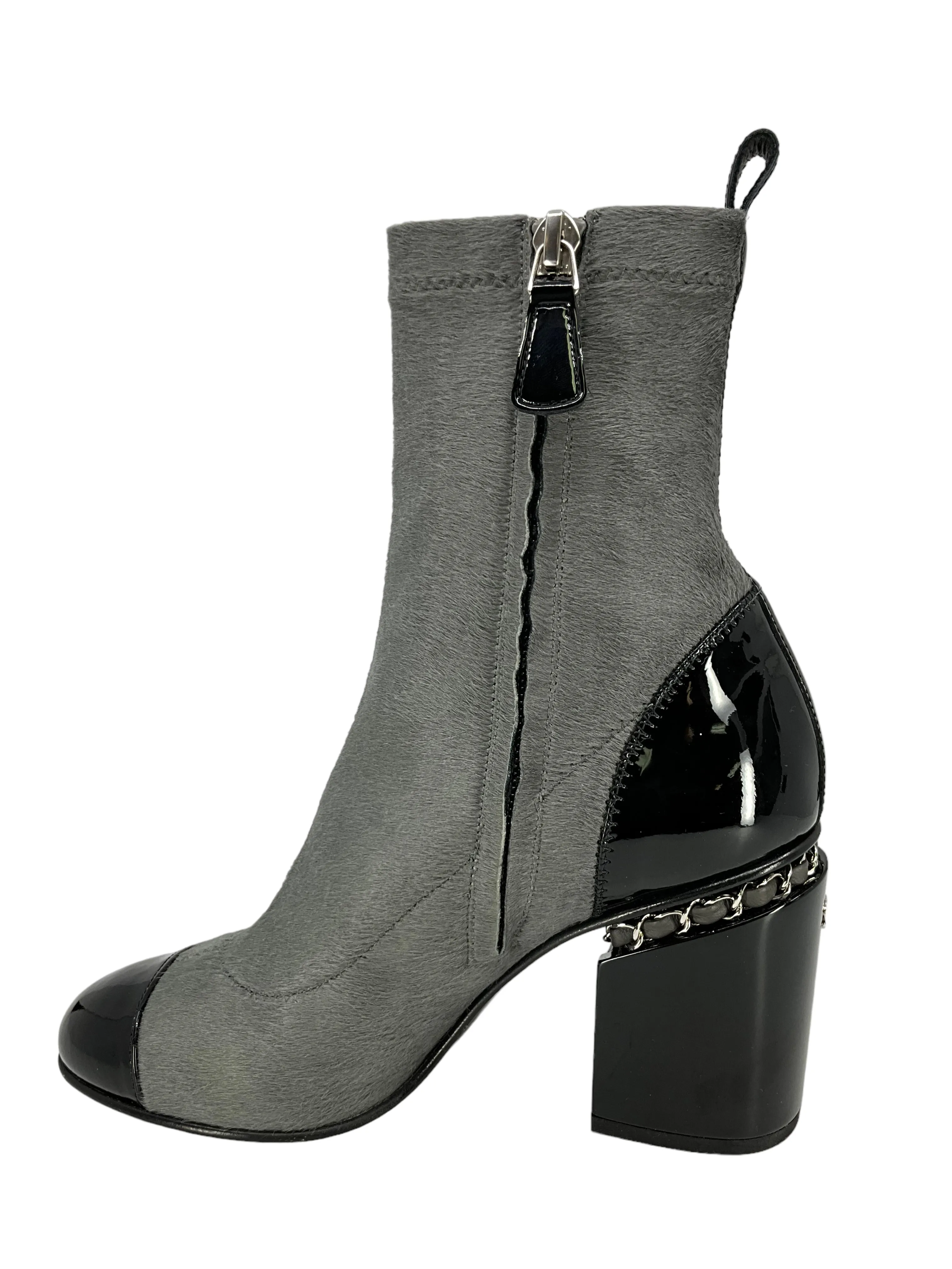 CHANEL Pony Hair Patent Cap Toe Chain Short Boots Size 7 NEW