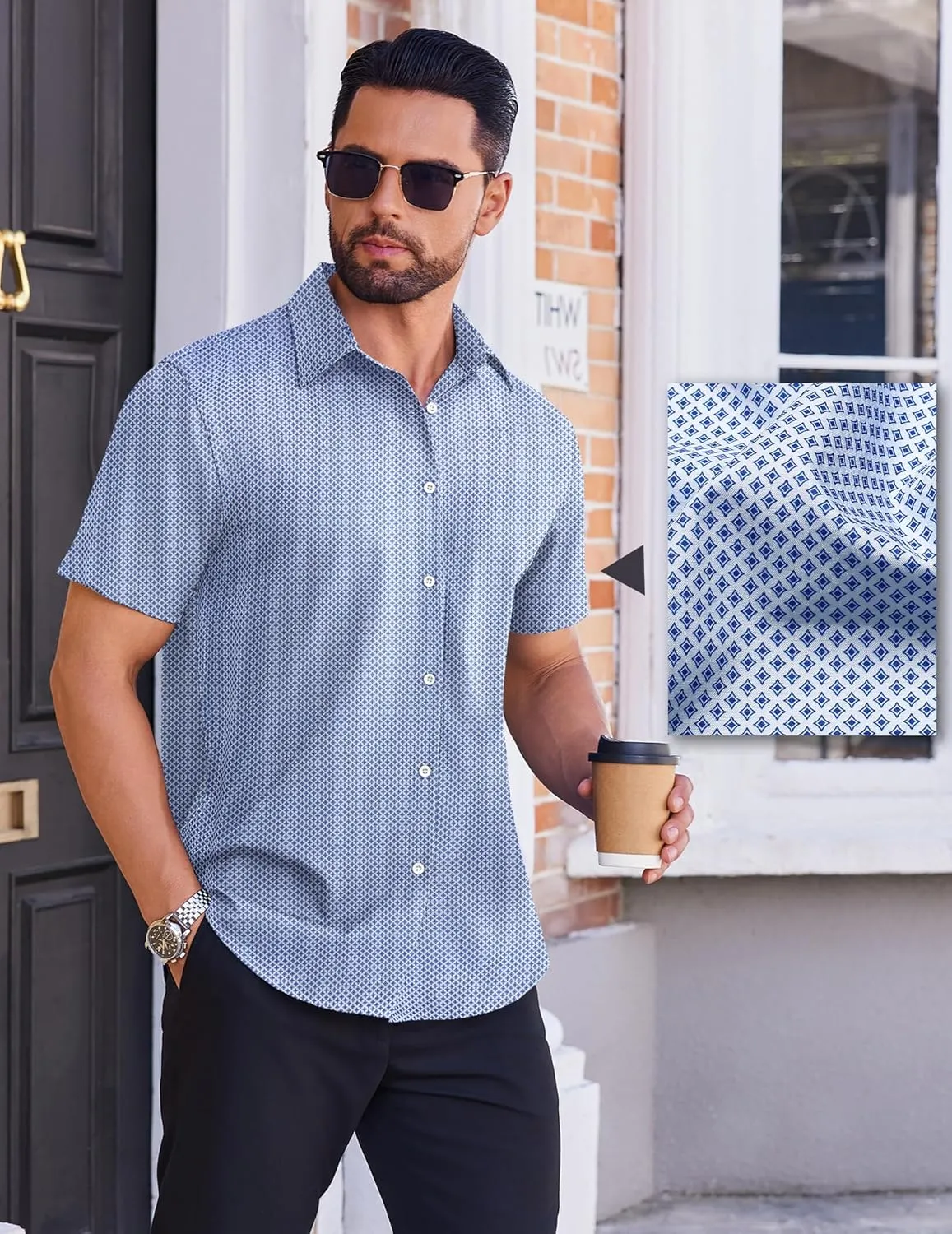 COOFANDY Mens Wrinkle Free Dress Shirt Polka Dot Short Sleeve Button Down Business Casual Shirts