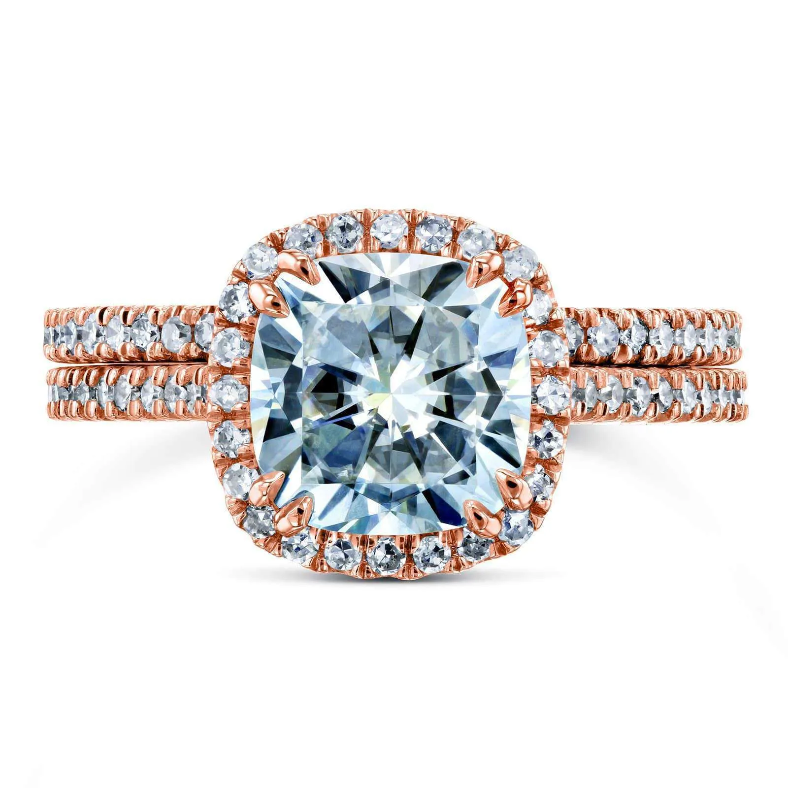 Cushion Brilliant Moissanite and Diamond Halo Bridal Wedding Rings Set 2 3/8 CTW 14k Rose Gold