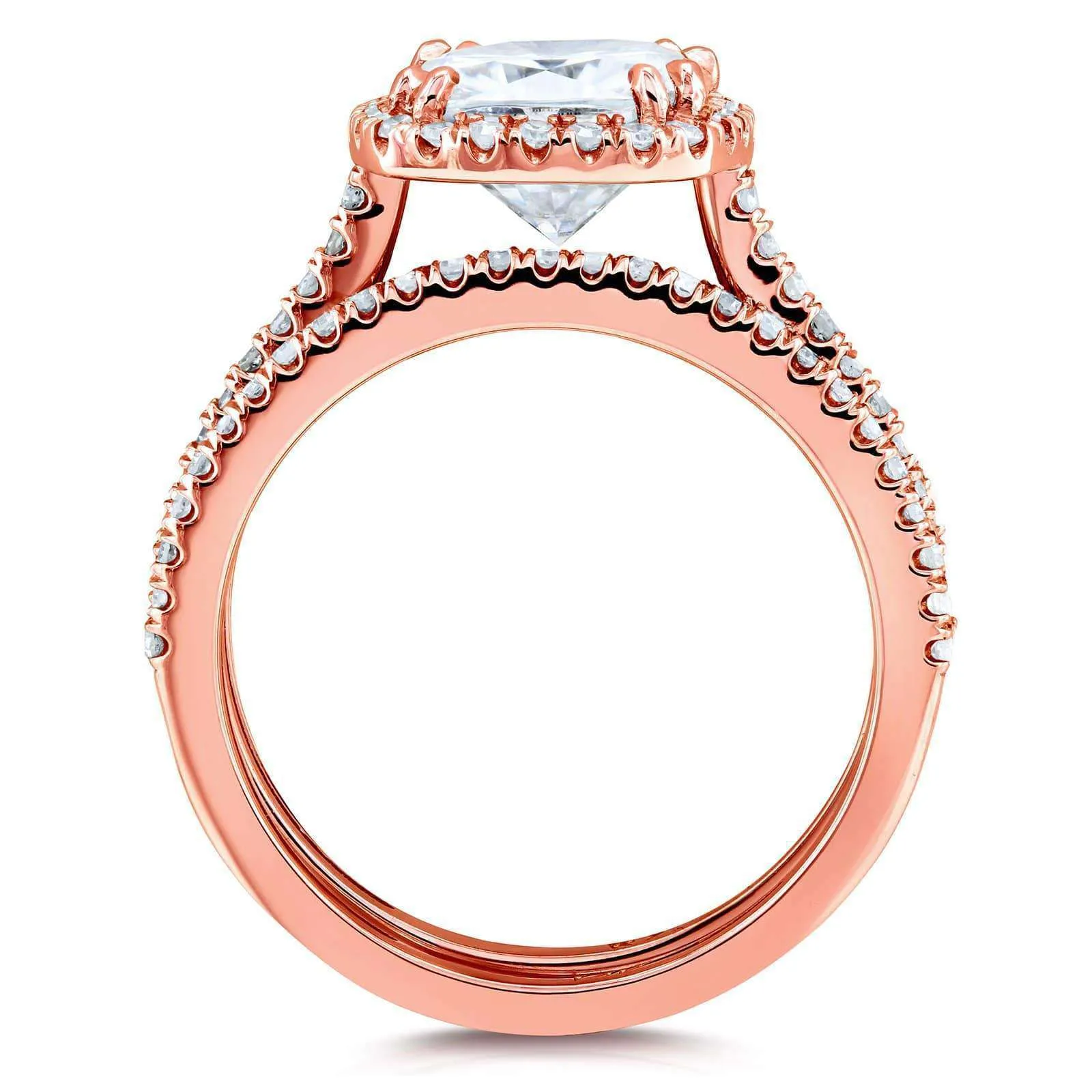Cushion Brilliant Moissanite and Diamond Halo Bridal Wedding Rings Set 2 3/8 CTW 14k Rose Gold