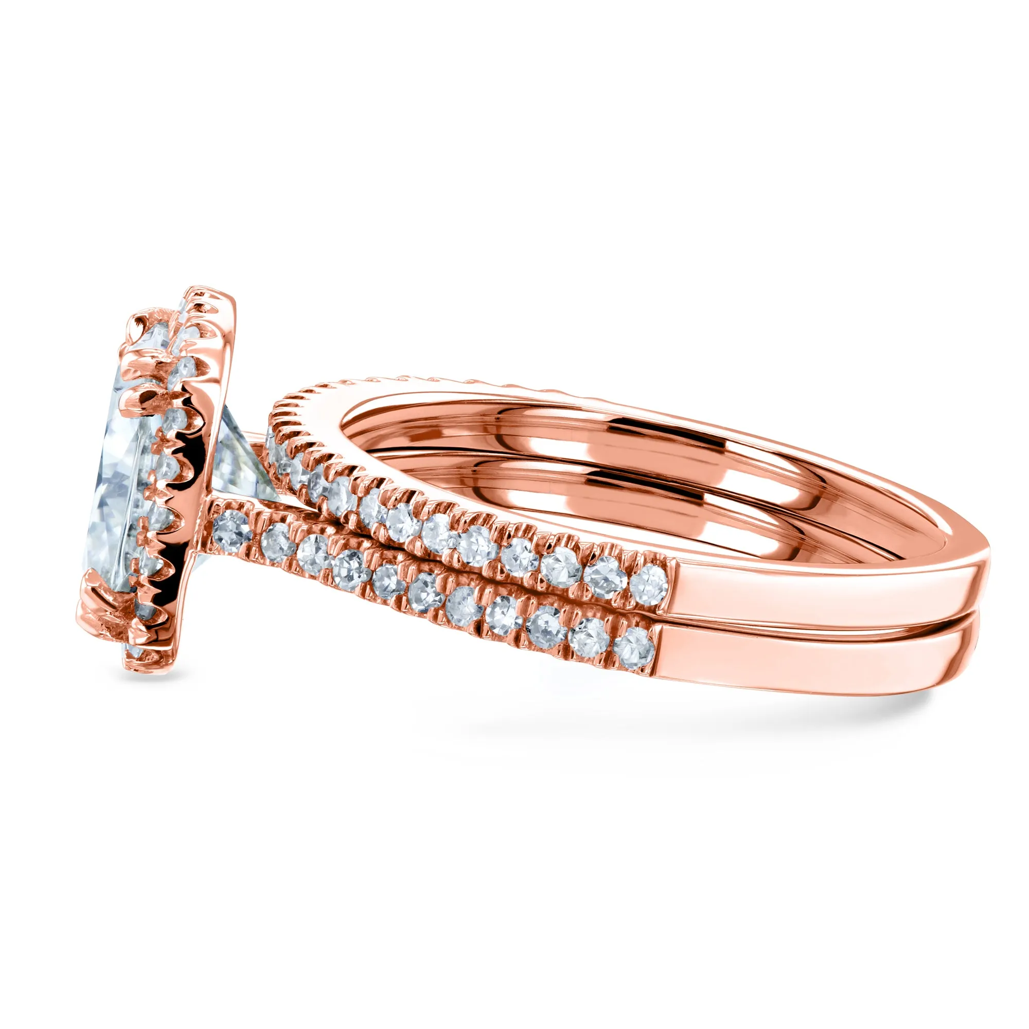 Cushion Brilliant Moissanite and Diamond Halo Bridal Wedding Rings Set 2 3/8 CTW 14k Rose Gold