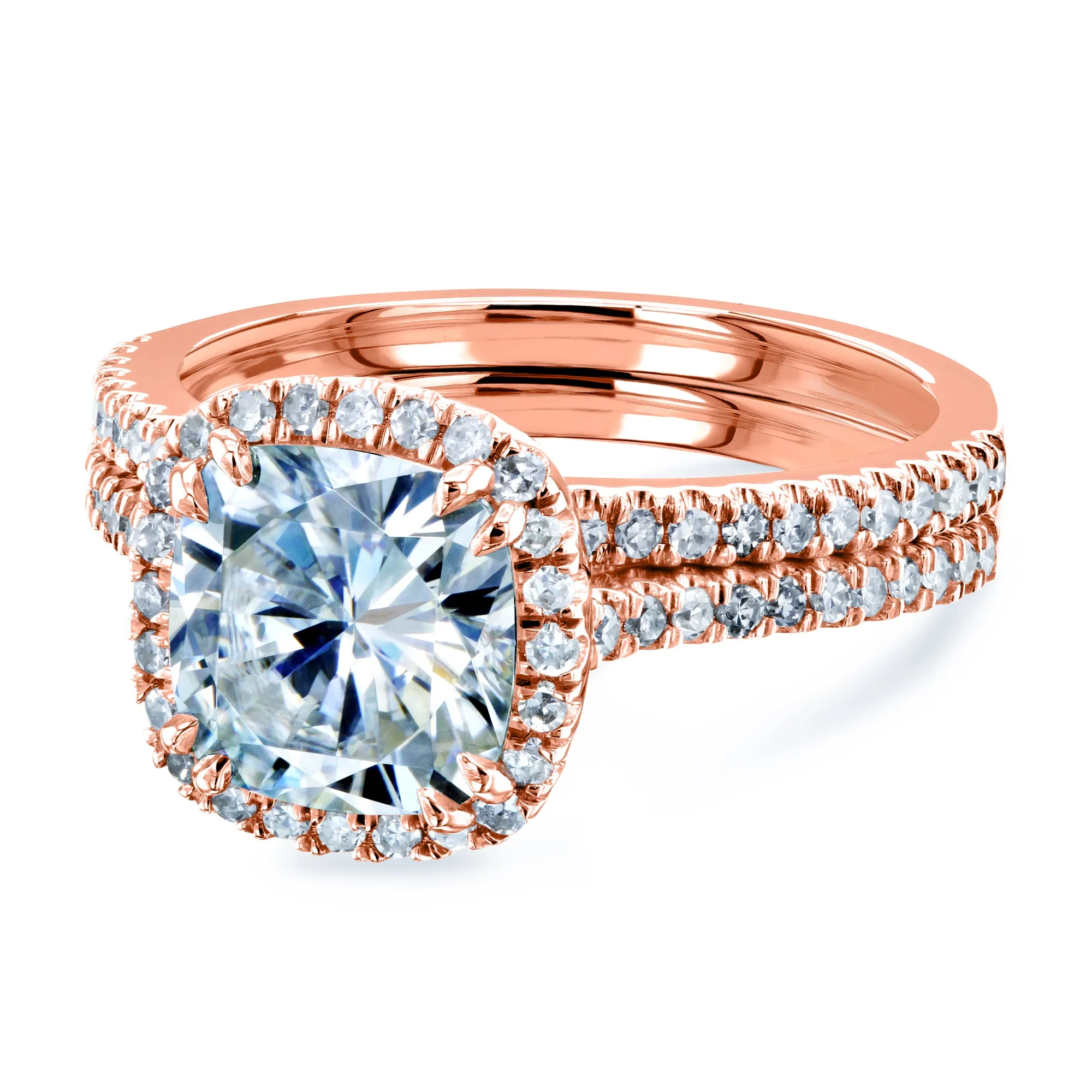 Cushion Brilliant Moissanite and Diamond Halo Bridal Wedding Rings Set 2 3/8 CTW 14k Rose Gold