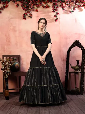 Dazzling Black Thread With Zari Lining Sequence Embroidered Silk Party Wear Gown Semi Stitched