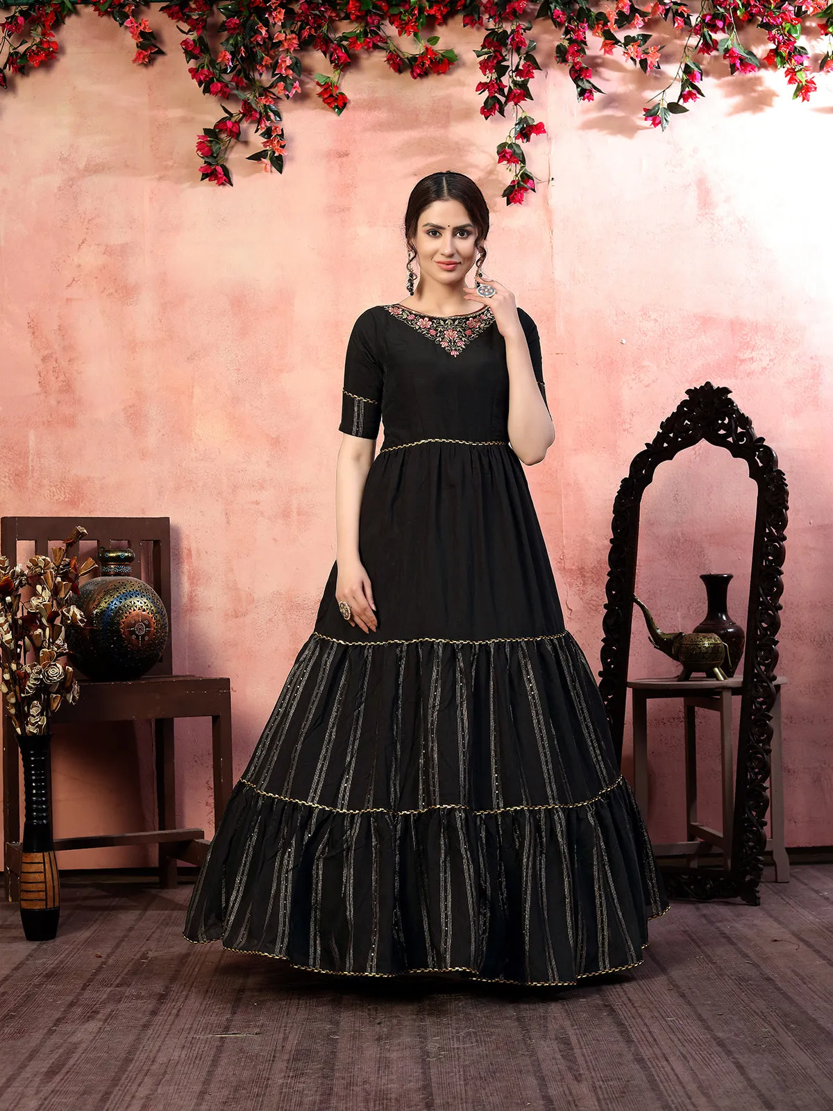 Dazzling Black Thread With Zari Lining Sequence Embroidered Silk Party Wear Gown Semi Stitched