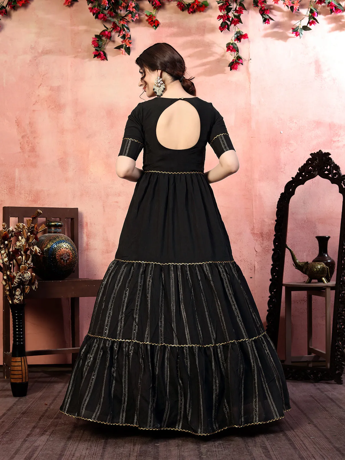 Dazzling Black Thread With Zari Lining Sequence Embroidered Silk Party Wear Gown Semi Stitched