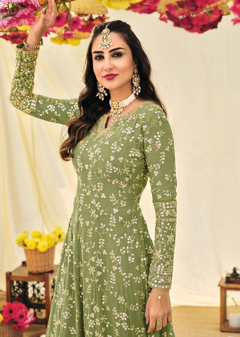 Designer Green Embroidered Georgette Anarkali Suit