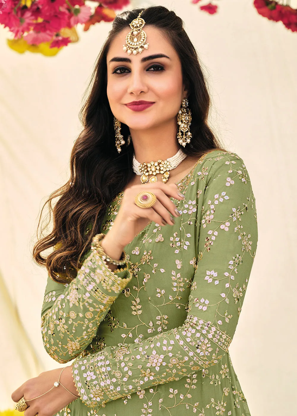 Designer Green Embroidered Georgette Anarkali Suit