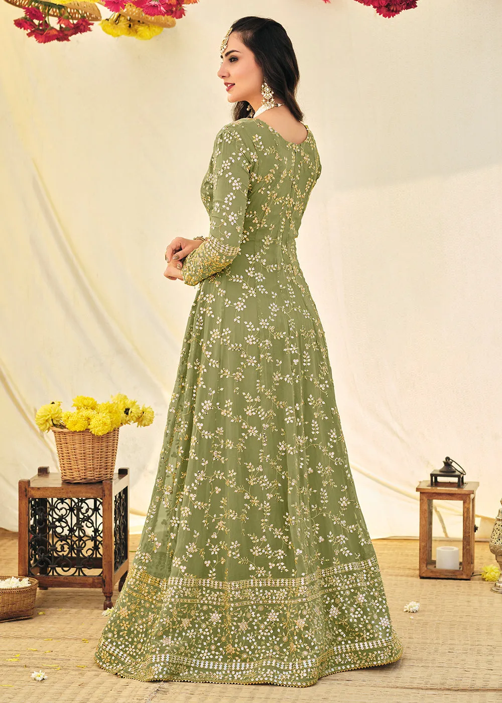 Designer Green Embroidered Georgette Anarkali Suit