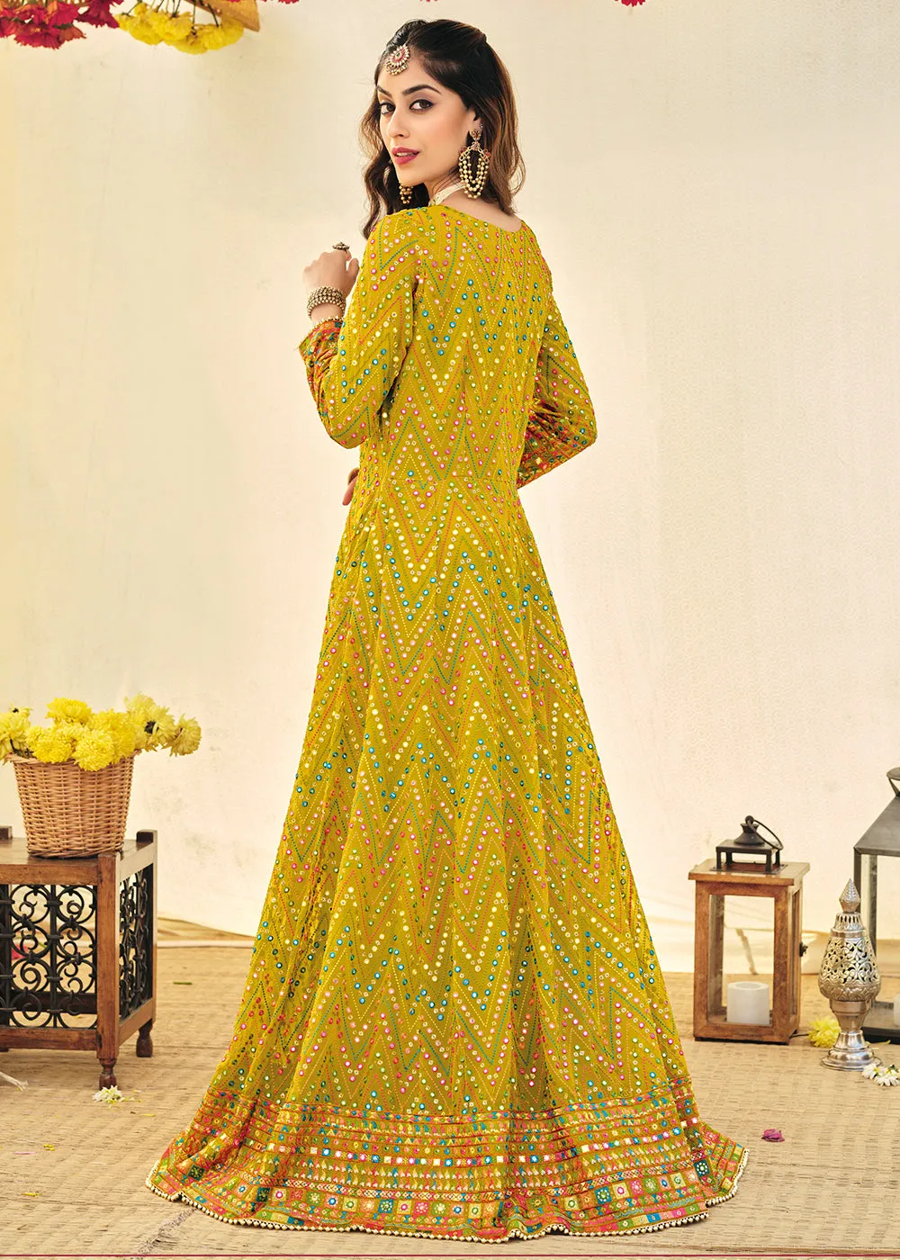Designer Yellow Embroidered Georgette Anarkali Suit