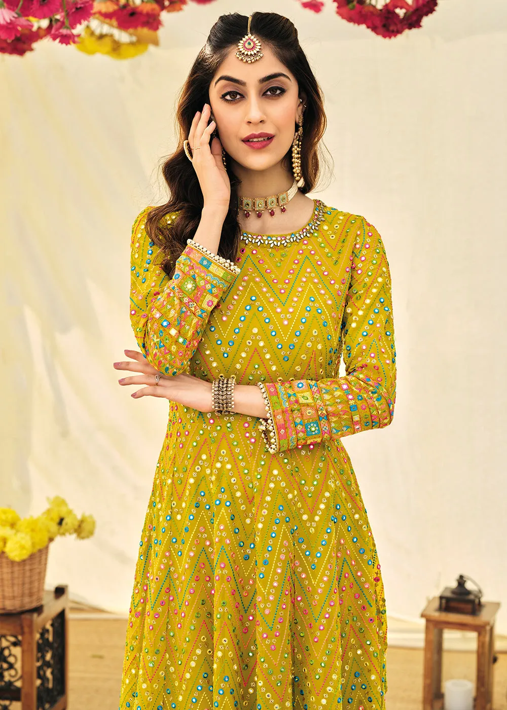 Designer Yellow Embroidered Georgette Anarkali Suit