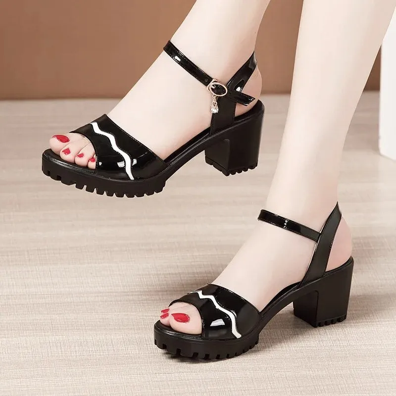 Elegant Patent Leather Shoes 2023 Summer Women's High Heels Sandals Platform Sandals For Office Mother Large size