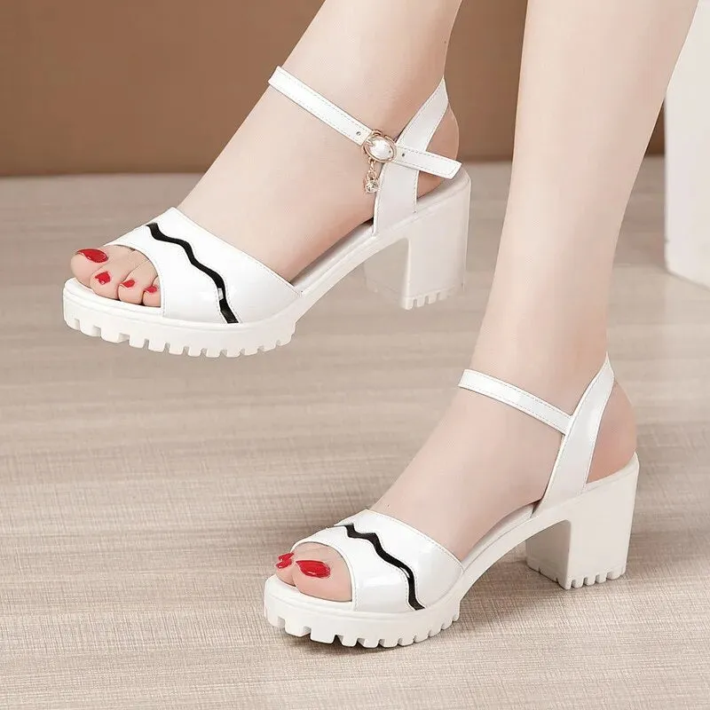 Elegant Patent Leather Shoes 2023 Summer Women's High Heels Sandals Platform Sandals For Office Mother Large size