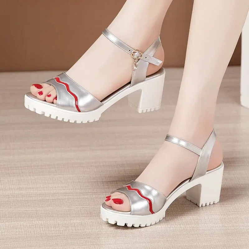 Elegant Patent Leather Shoes 2023 Summer Women's High Heels Sandals Platform Sandals For Office Mother Large size