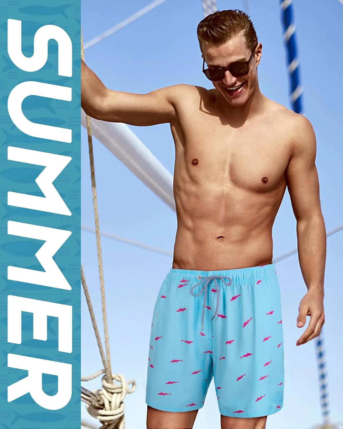 Fasker Mens Swim Trunks with Compression Liner 7" Inseam Quick Dry Bathing Suit Beach Shorts Swimming Trunks with Pockets