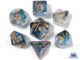 Foresight | Blue & Black Nebula Swirled, Clear, Gold Ink | Resin Dice Set (7)