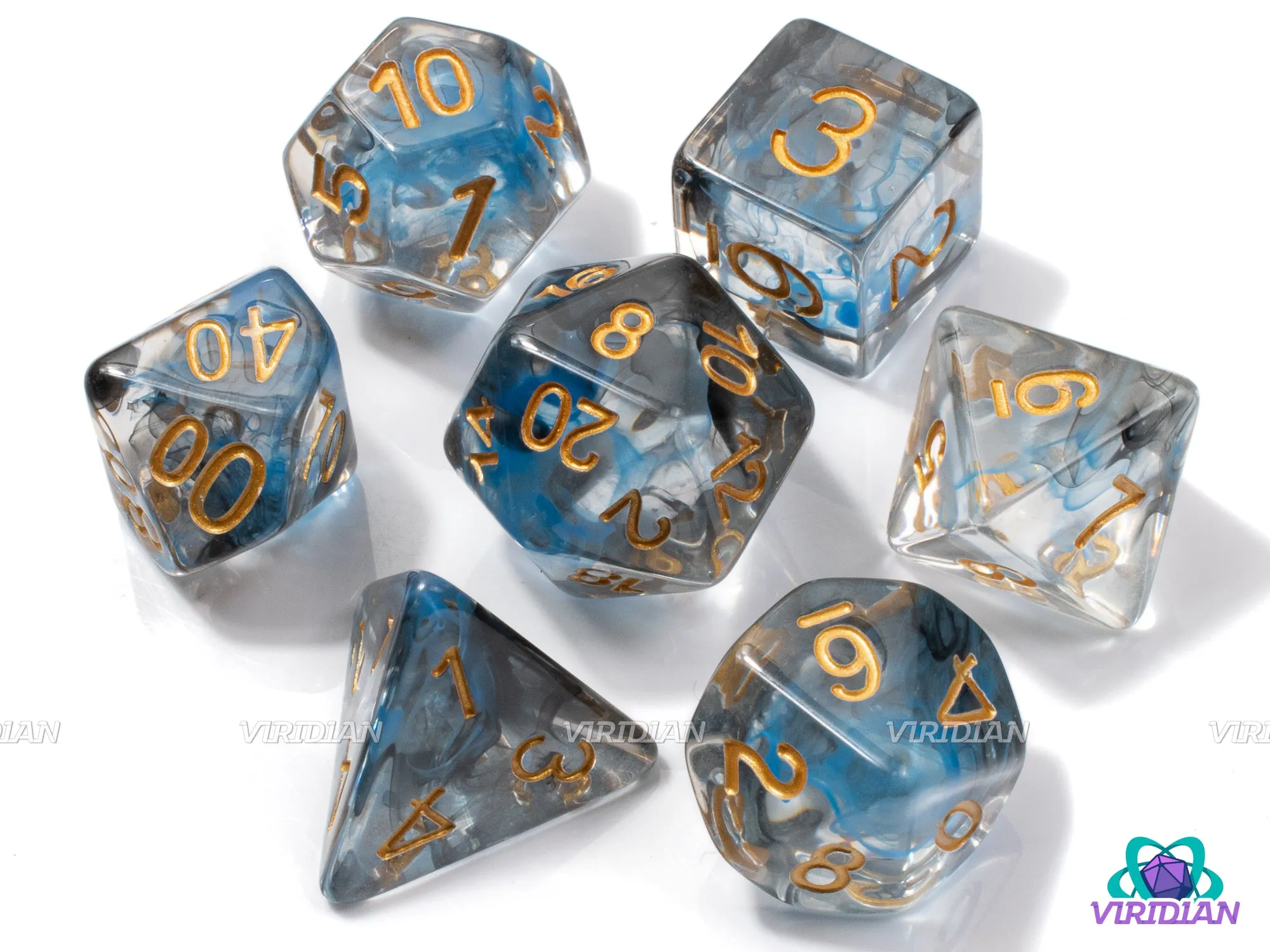 Foresight | Blue & Black Nebula Swirled, Clear, Gold Ink | Resin Dice Set (7)
